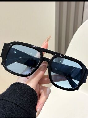 Glossy Black Oversized Sunglasses with Blue Lenses